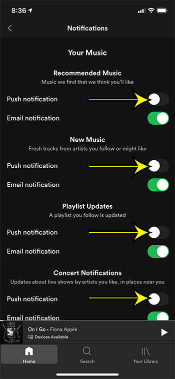 how to turn off spotify in app notifications on an iPhone
