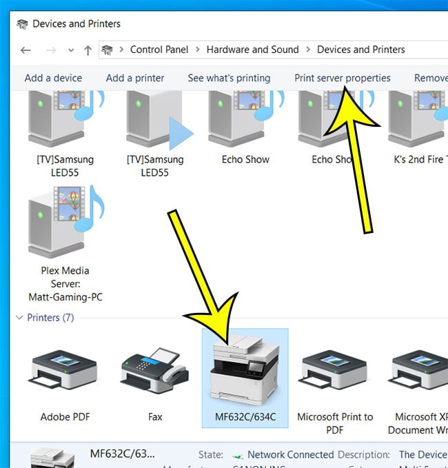 click a printer, then click Print server properties