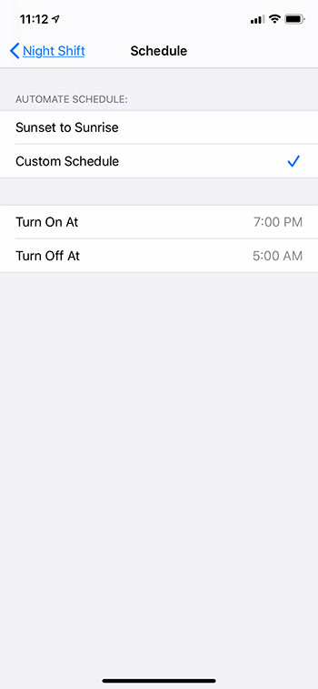 how to change night shift times on an iPhone 11