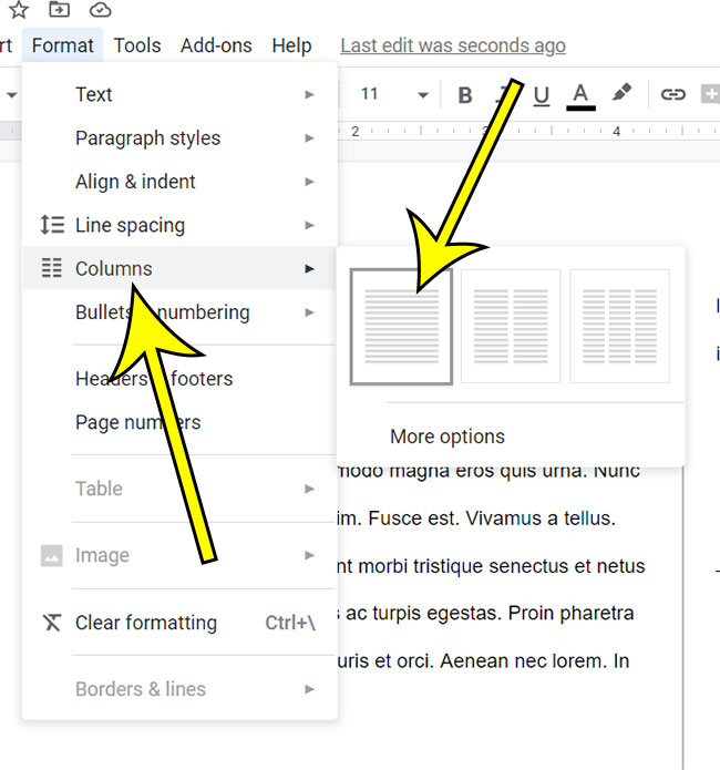 how to switch back to one column in Google Docs