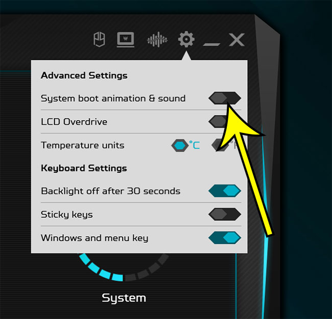 how to turn off the startup sound on an Acer Predator