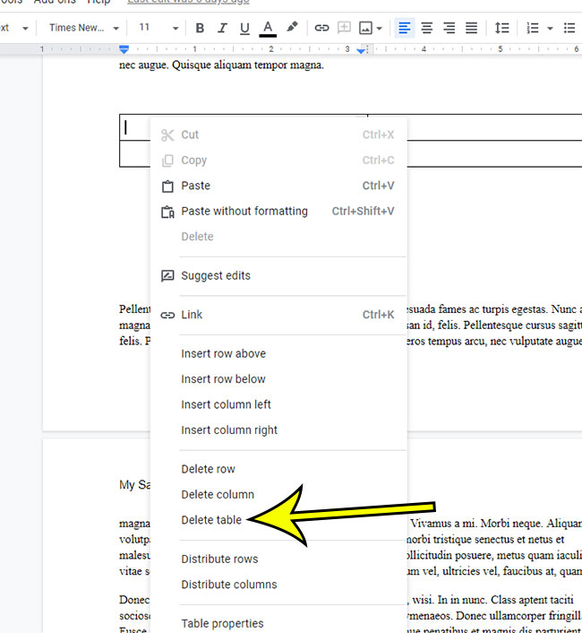 how to delete a table in Google Docs