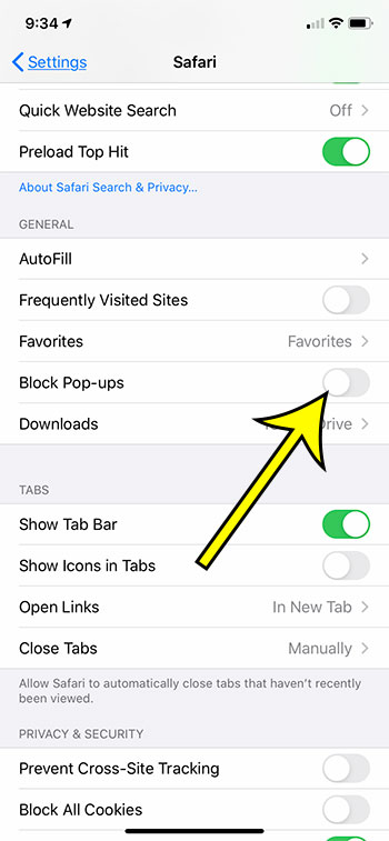 allowing popups in Safari on iPhone