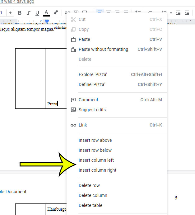 how to add a column to a table in Google Docs