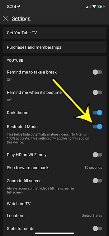 how to enable restricted mode in the YouTube iPhone app