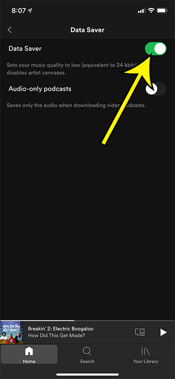how to enable data saver in Spotify on an iPhone