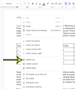 how to delete a table row in Google Docs