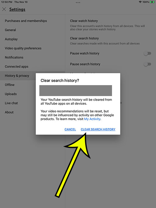 confirm search history deletion