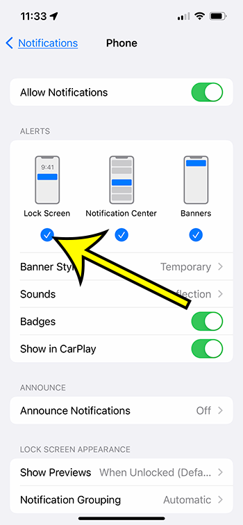 how to enable lock screen alerts for missed calls on the iPhone