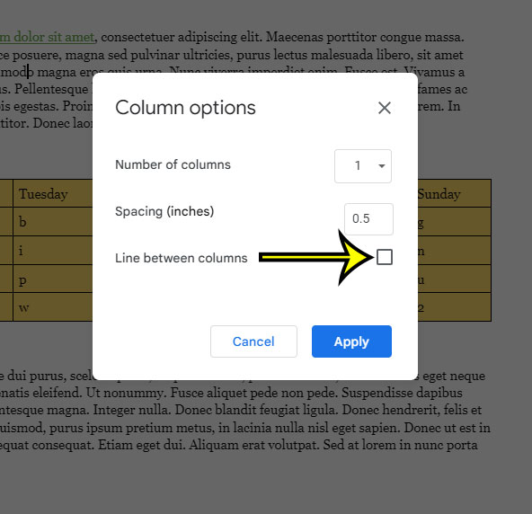 how to delete column lines in Google Docs