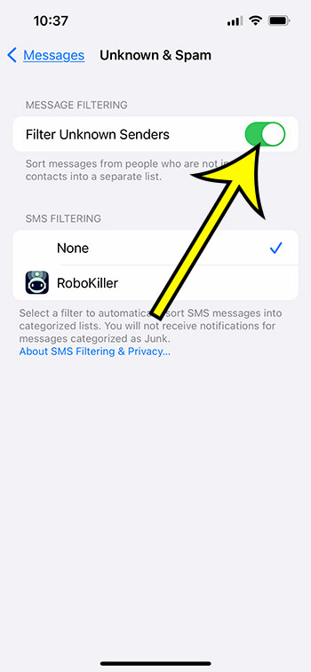 how to filter unknown senders for iPhone text messages
