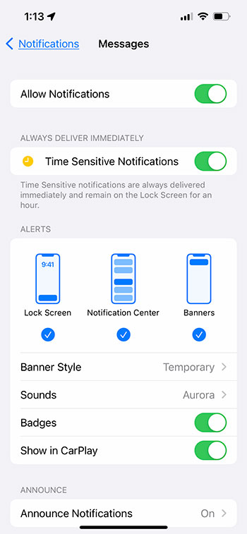 iPhone text message notification settings