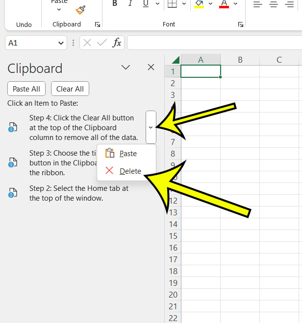 how to remove individual items from the Excel clipboard