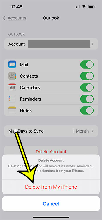 tap Delete from My iPhone to confirm removal of the Outlook account