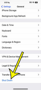 can I shut down iPhone 11 from Settings menu