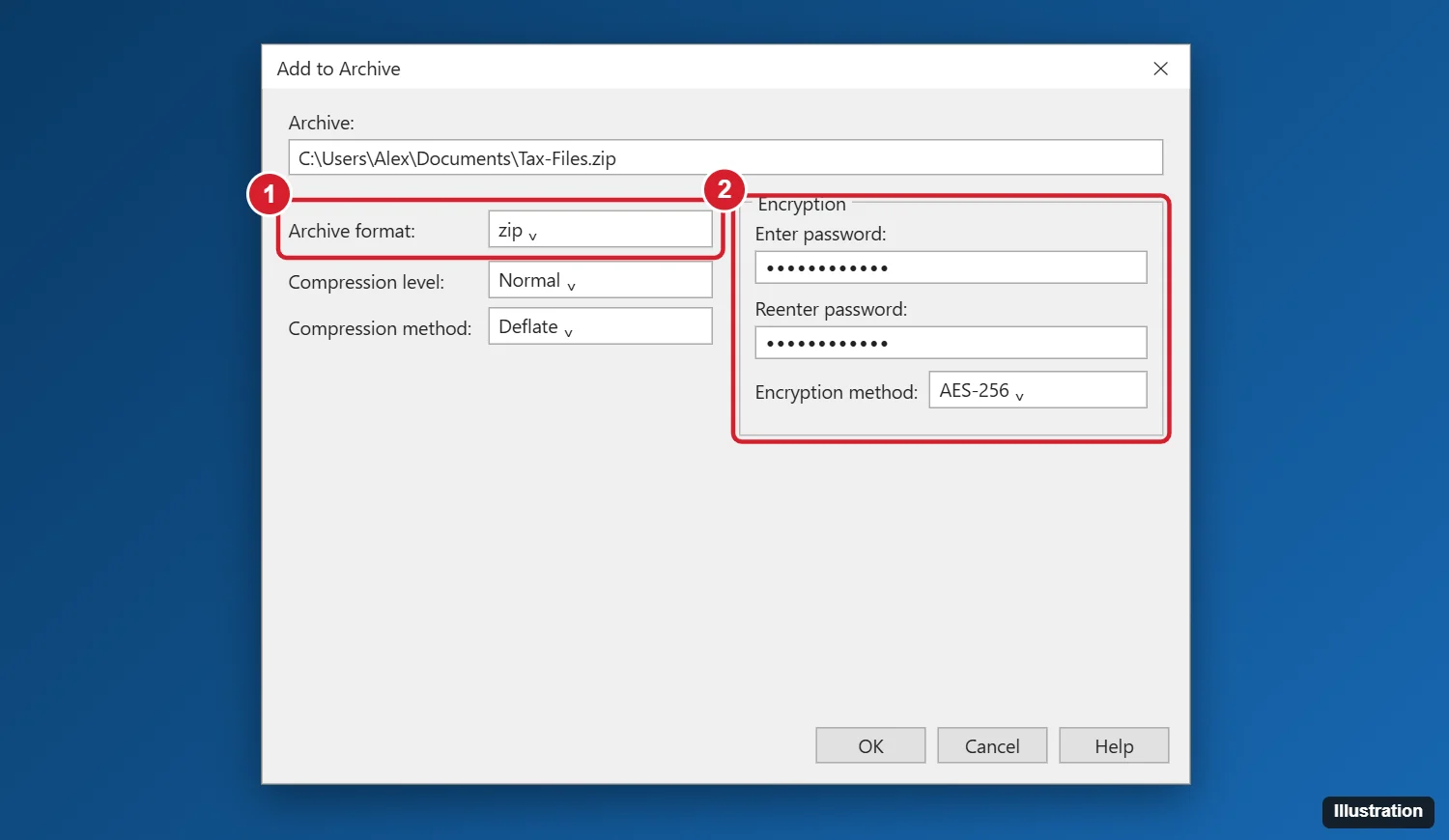How to Password Protect a ZIP File in Windows 11 1 7-Zip Add to Archive dialog with zip format selected and the Encryption password and AES-256 method highlighted
