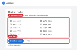 Online account 2-Step Verification backup codes page showing ten single-use eight-digit codes with Download and Print buttons