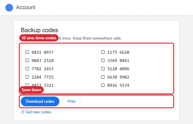 How to Get Google Backup Codes for 2-Step Verification 1 Online account 2-Step Verification backup codes page showing ten single-use eight-digit codes with Download and Print buttons