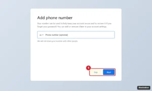 Account sign-up page asking to add a phone number for security with a Skip button available for an optional step