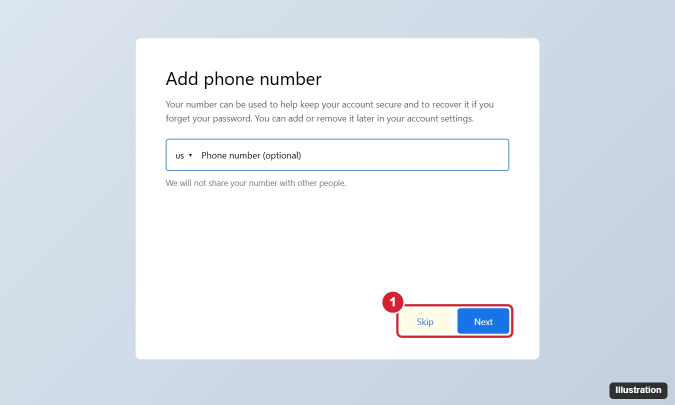 Can You Skip Phone Number Verification on Google? What Actually Works 1 Account sign-up page asking to add a phone number for security with a Skip button available for an optional step