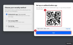 Account settings two-factor authentication dialog for an authentication app, showing a QR code to scan, a Copy key button and the Next button highlighted, beside a list of methods with Authentication app selected