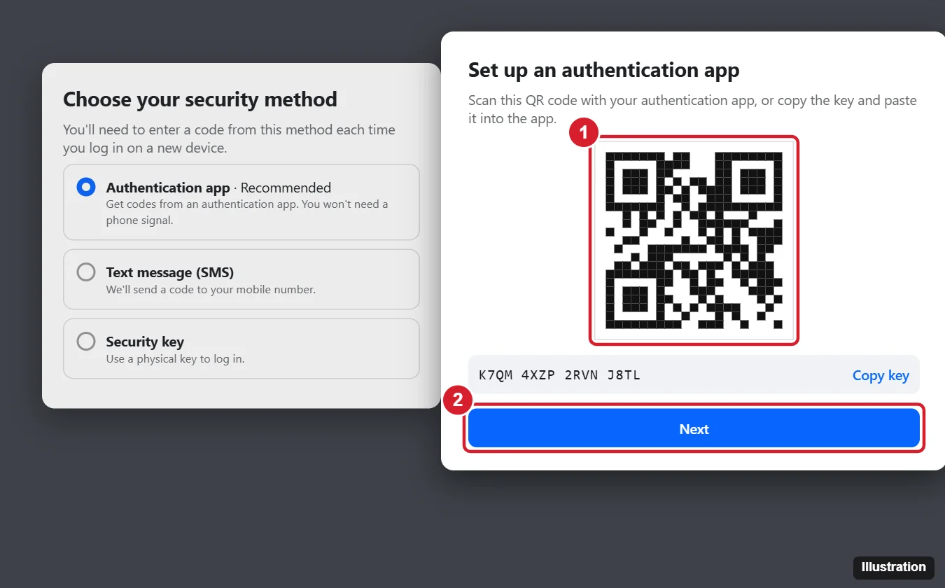 Account settings two-factor authentication dialog for an authentication app, showing a QR code to scan, a Copy key button and the Next button highlighted, beside a list of methods with Authentication app selected