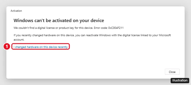 Activation troubleshooter with I changed hardware on this device recently highlighted
