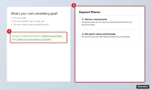 Advertising platform setup screen with a link to create an account without a campaign, and the keyword research tool open with Discover new keywords