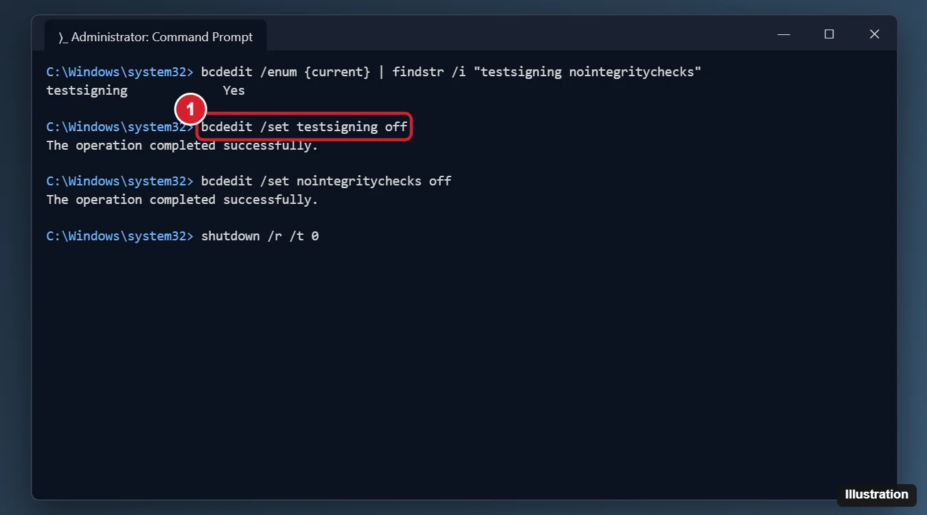 How to Remove Test Mode in Windows 10 (and Windows 11) 1 Administrator Command Prompt window running bcdedit /set testsigning off with the command highlighted and a success message