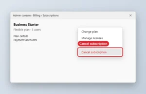 Admin console subscription page with the Cancel subscription option highlighted