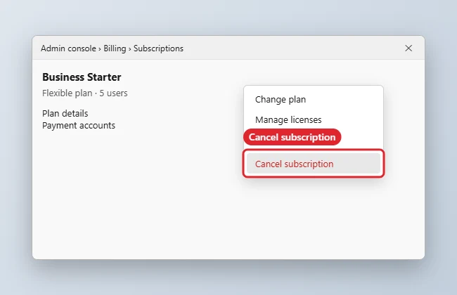 How to Cancel Google Workspace 1 Admin console subscription page with the Cancel subscription option highlighted
