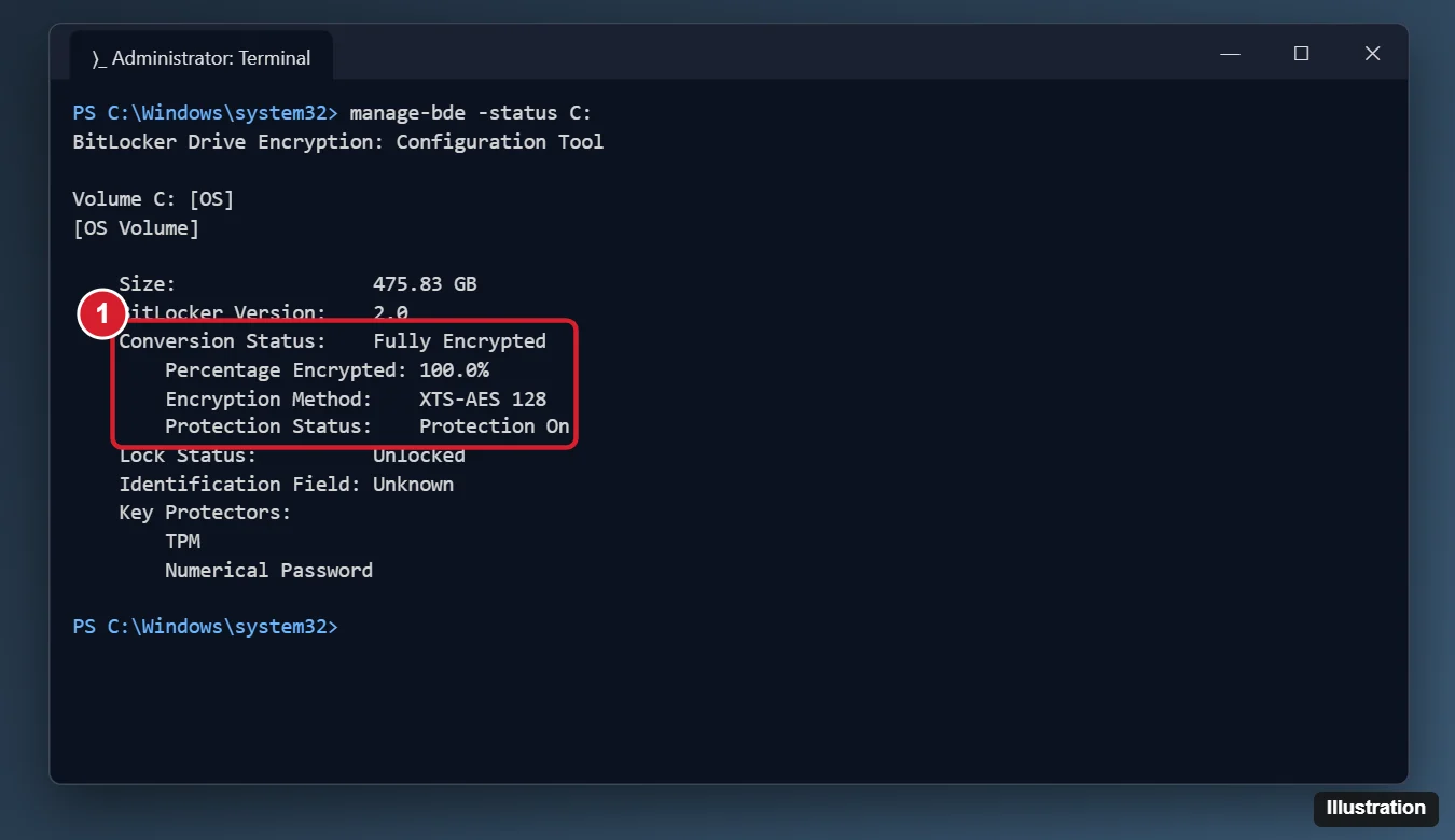 How to Tell if BitLocker Is Enabled on Windows 11 1 Administrator terminal running manage-bde -status with the C drive showing Fully Encrypted, Protection On, highlighted