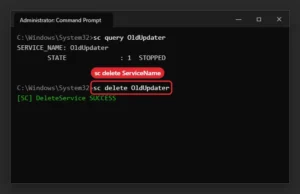 Administrator terminal running sc delete for a Windows service with the success message