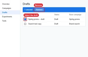 Online advertising dashboard Drafts table with a draft selected and the Remove option