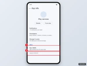 Android App info screen for the Play services app with the App details link and version number highlighted