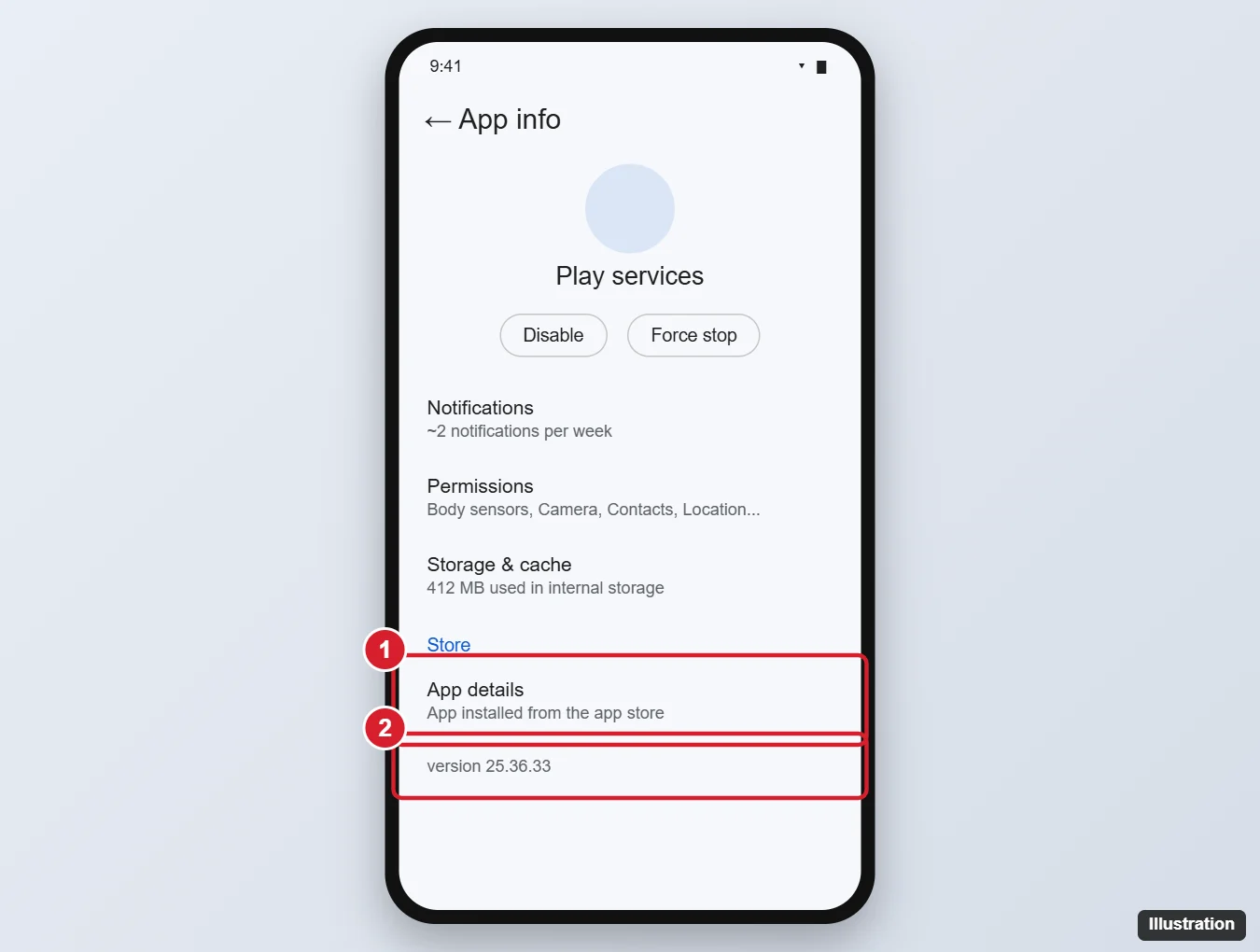 Android App info screen for the Play services app with the App details link and version number highlighted