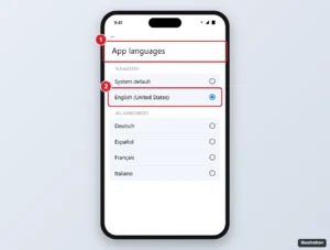 Phone App languages settings for a search app with the chosen language highlighted