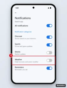 Android app notification settings listing notification categories with the Weather category toggle switched off and highlighted