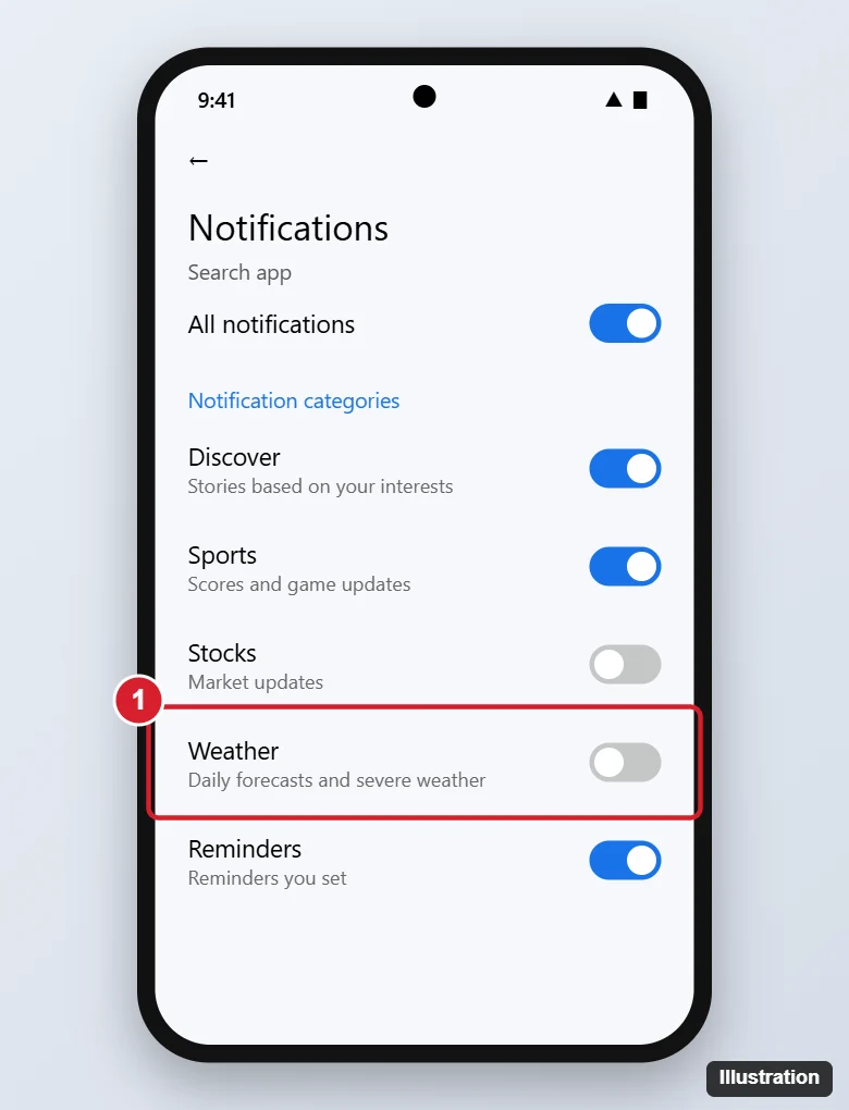 Android app notification settings listing notification categories with the Weather category toggle switched off and highlighted