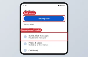 Android backup settings listing SMS, MMS and chat messages as included in the backup
