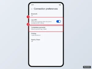 Android Connection preferences settings with Use NFC and Contactless payments highlighted