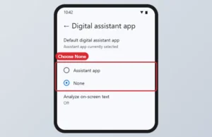Android Default apps settings with Digital assistant app set to None highlighted
