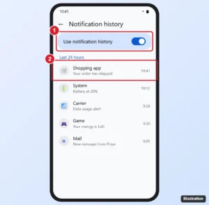 Android Notification history screen listing recent notifications from apps with the Use notification history switch highlighted