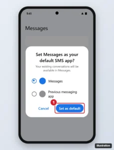 Android phone showing the Set as default SMS app dialog with the new messaging app selected and the Set as default button highlighted