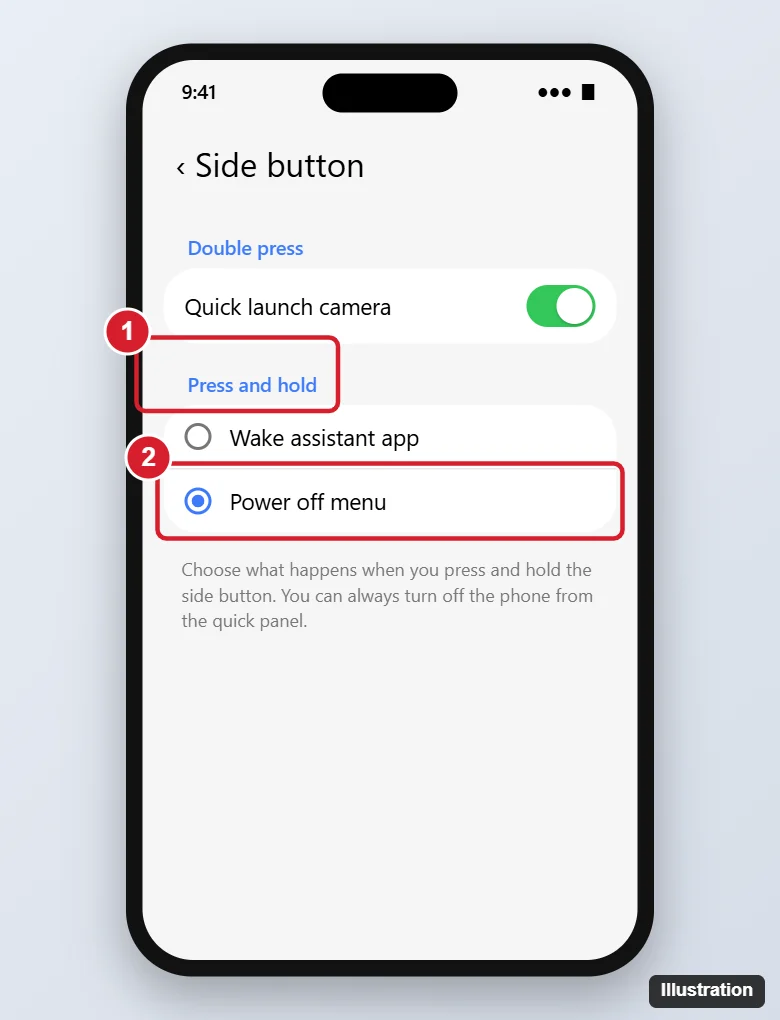 How to Replace Bixby With Google Assistant (or Gemini) on Samsung Phones 1 Android Side button settings with the Press and hold options and Power off menu highlighted