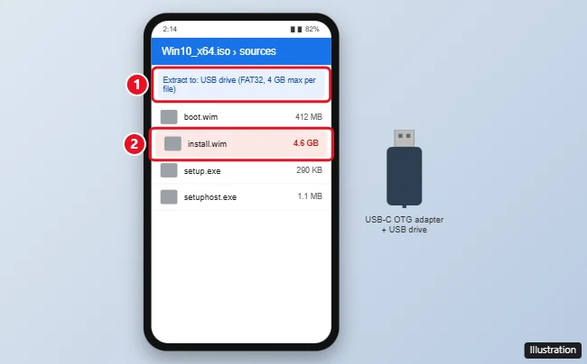 How to Make a Bootable Windows 10 USB on Android 1 Android archive app showing the sources folder inside a Windows 10 ISO, with the install.wim file size highlighted next to the FAT32 USB drive