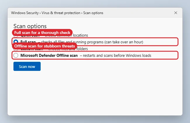 How to Check for Viruses on Windows 11 1 Virus and threat protection scan options with Full scan selected and an offline scan option