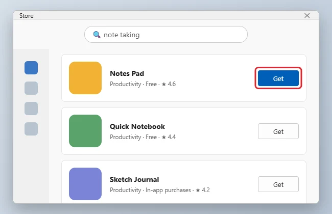 How to Download Apps on an HP Laptop With Windows 10 1 App store window showing a search result for a note-taking app with the Get button highlighted