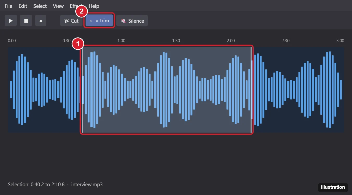 How to Trim Audio Files on Windows 10 (Free Methods) 1 Audio editor waveform with a selected region and the Trim button highlighted