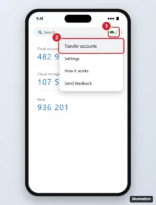 Authenticator app with the cloud sync status icon and the Transfer accounts menu option highlighted
